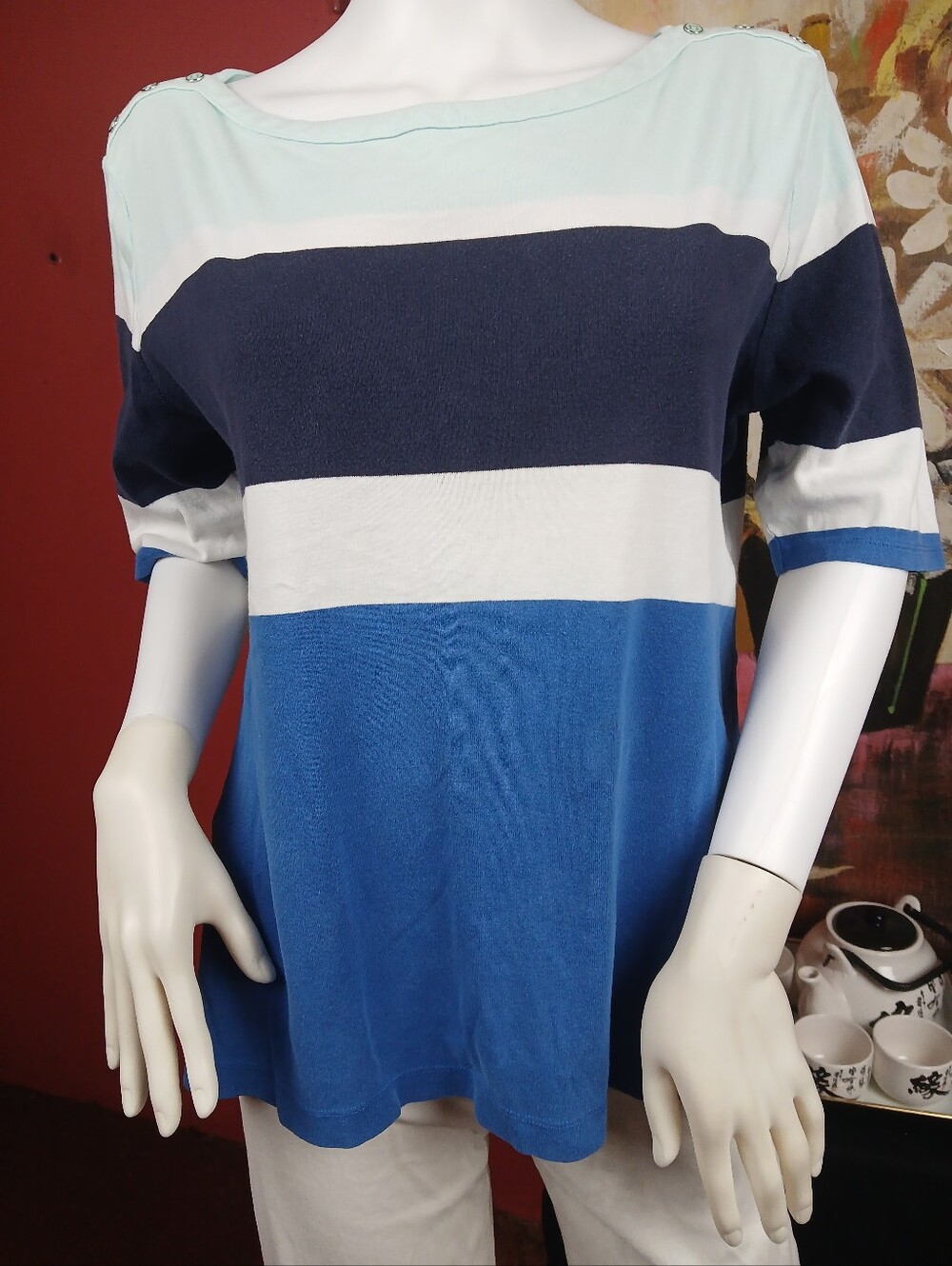 croft & barrow Striped Wide-Boatneck Short Sleeve Top in Blue, Navy & White